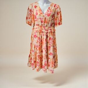 Jessica Howard 14 Plus size  floral chiffon midi dress pockets puff sleeve sheer